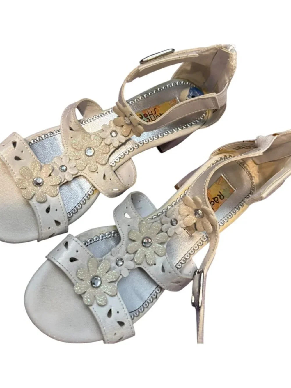 Rachel Shoes Girls Dress Sandals – Size 2 Cream Floral Rhinestone Block Heel